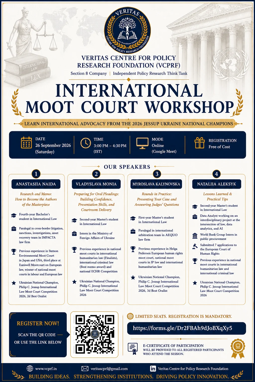 Poster for the VCPRF International Moot Court Workshop, learning international advocacy from the 2026 Philip C. Jessup Champions